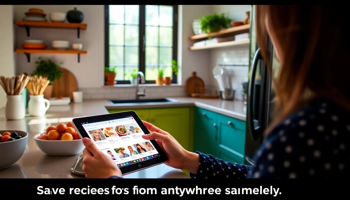 Effortlessly save recipes from anywhere with a mobile device in a modern kitchen setting, highlighting flexibility and control.