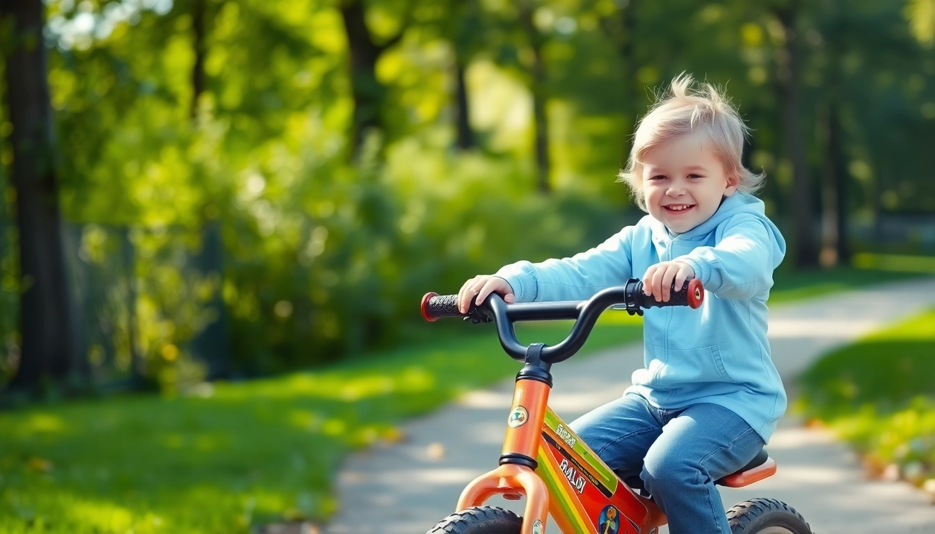 Paras potkupyörä in vibrant colors being ridden by a smiling child during outdoor play for easy balance learning.