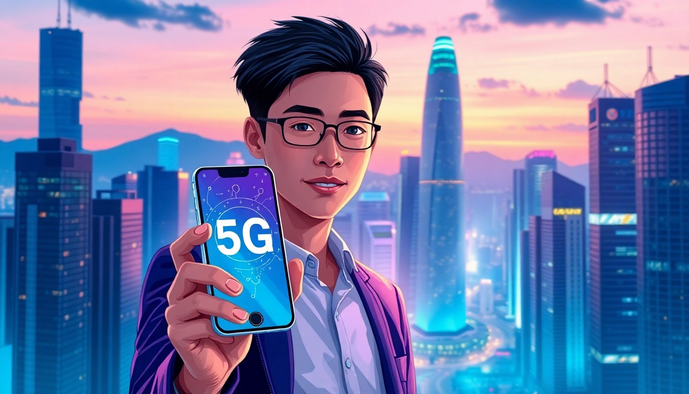 香港繁華夜景中的智能手機展示5G連接，象徵高速網絡與科技未來