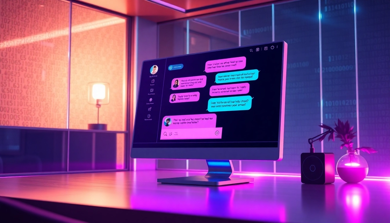 Futuristic AI chat interface with neon accents and suggestive speech bubbles on a high-tech screen scene.