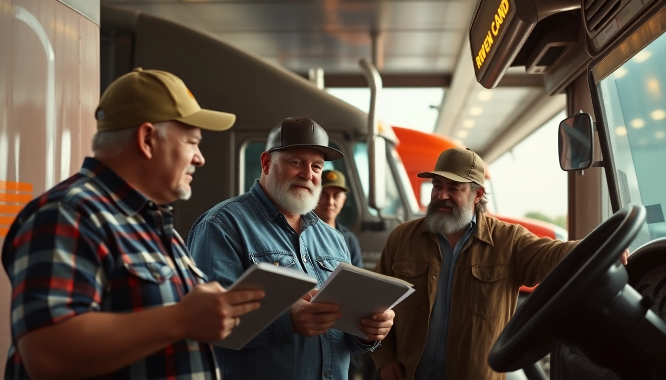 Trucker reviews captured at a busy highway truck stop, showing drivers sharing feedback on amenities and experiences, emphasizing community and honesty.