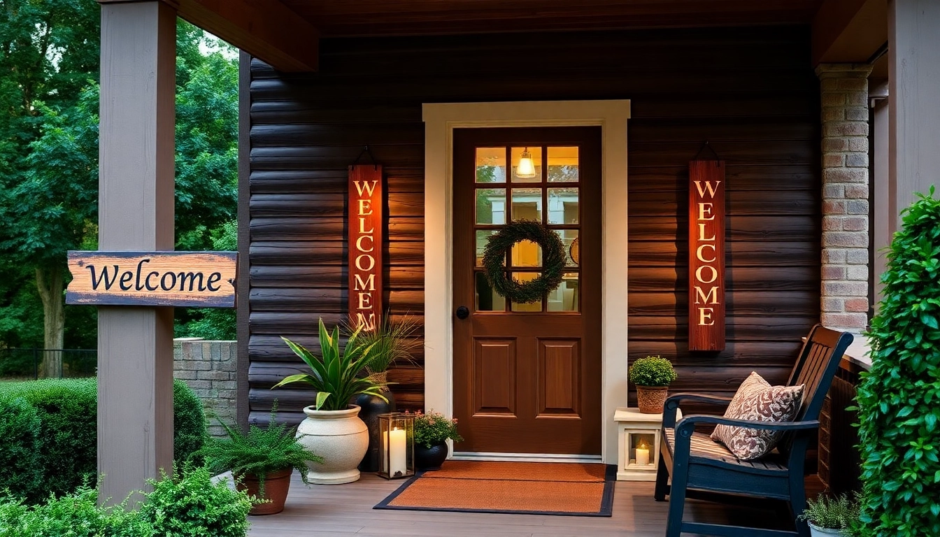 Charming wooden welcome signs greeting guests at a cozy front porch, enhancing outdoor decor and hospitality.