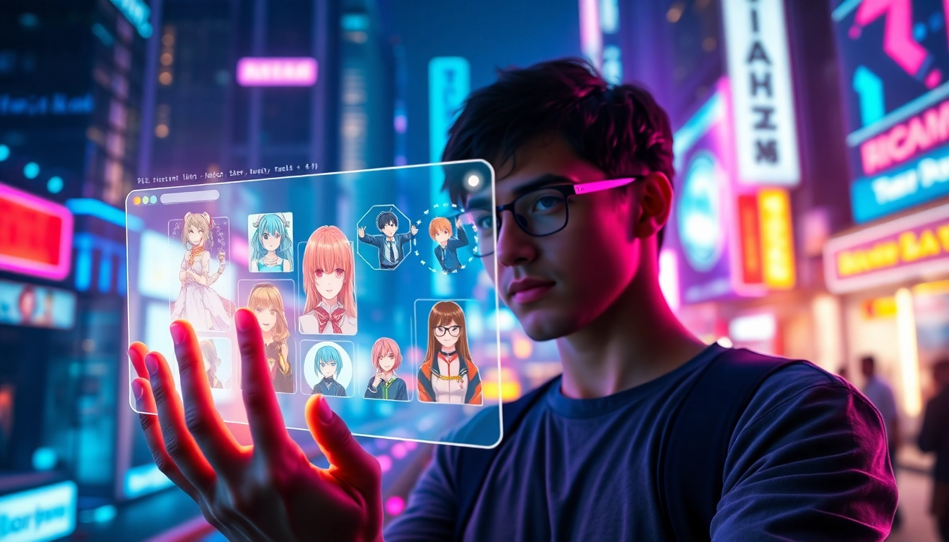 An illustration of a person interacting with a holographic social media interface displaying fandom icons amidst a neon-lit cityscape.