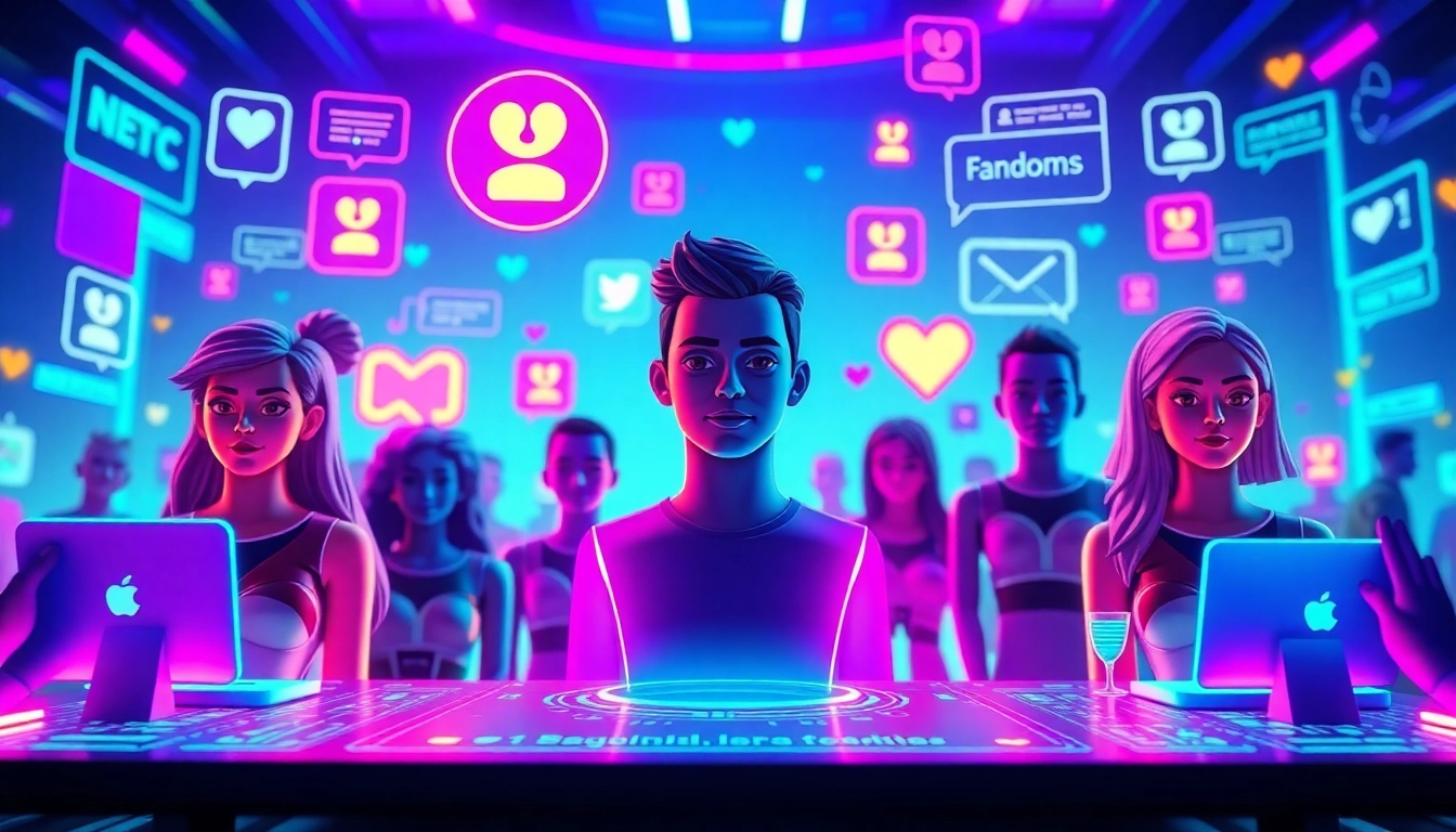 An animated depiction of a futuristic social media platform with avatars and AI characters in a vibrant, neon-lit setting.