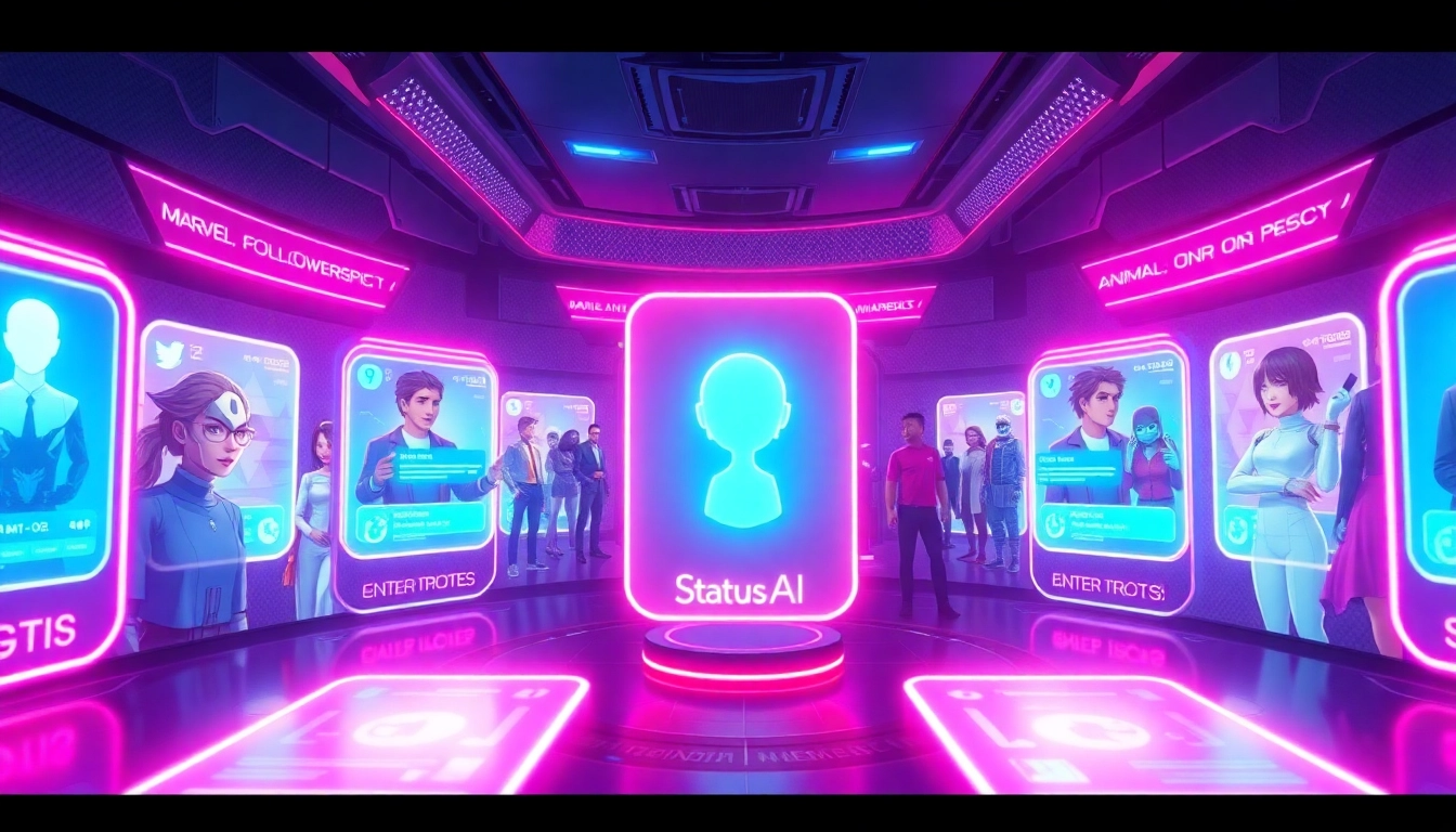 Futuristic digital social media scene with avatars and AI characters interacting in a vibrant, high-tech environment.