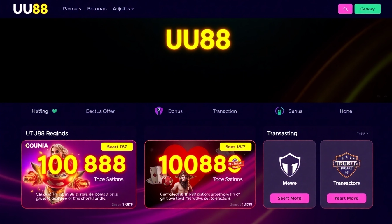 Engaging visual of UU88 online casino platform with vibrant neon design, emphasizing security and entertainment.