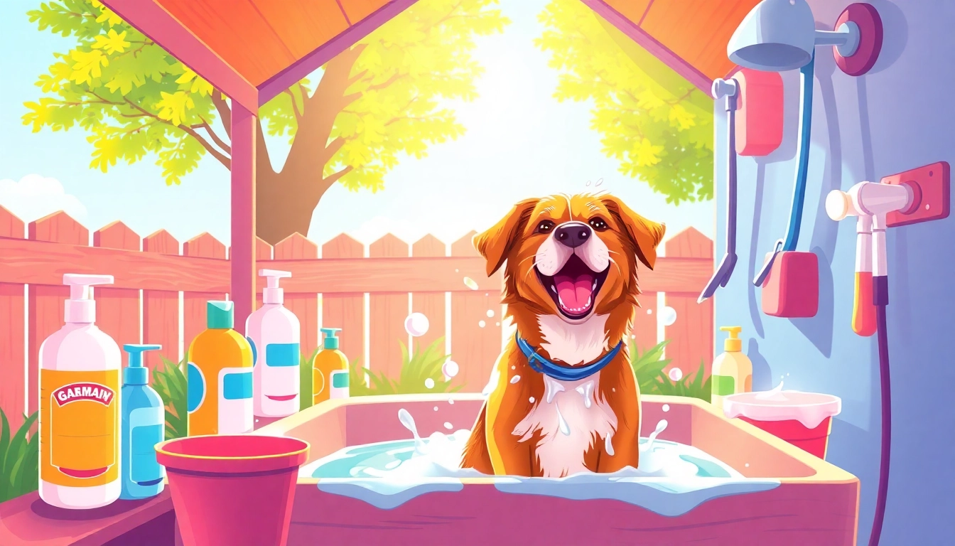 Wash your dog at a colorful dog wash near me, featuring cheerful dogs enjoying a bath.