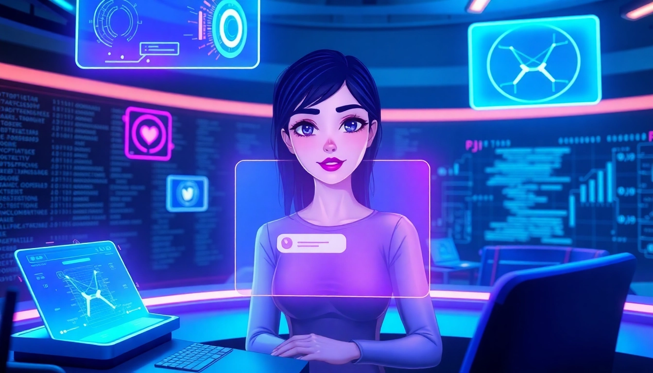 An advanced AI control room with holographic interfaces, a female avatar, and digital data streams, showcasing futuristic technology for immersive AI interactions.