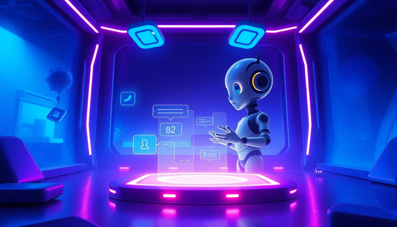 Futuristic AI chat scene with holographic interface and expressive character