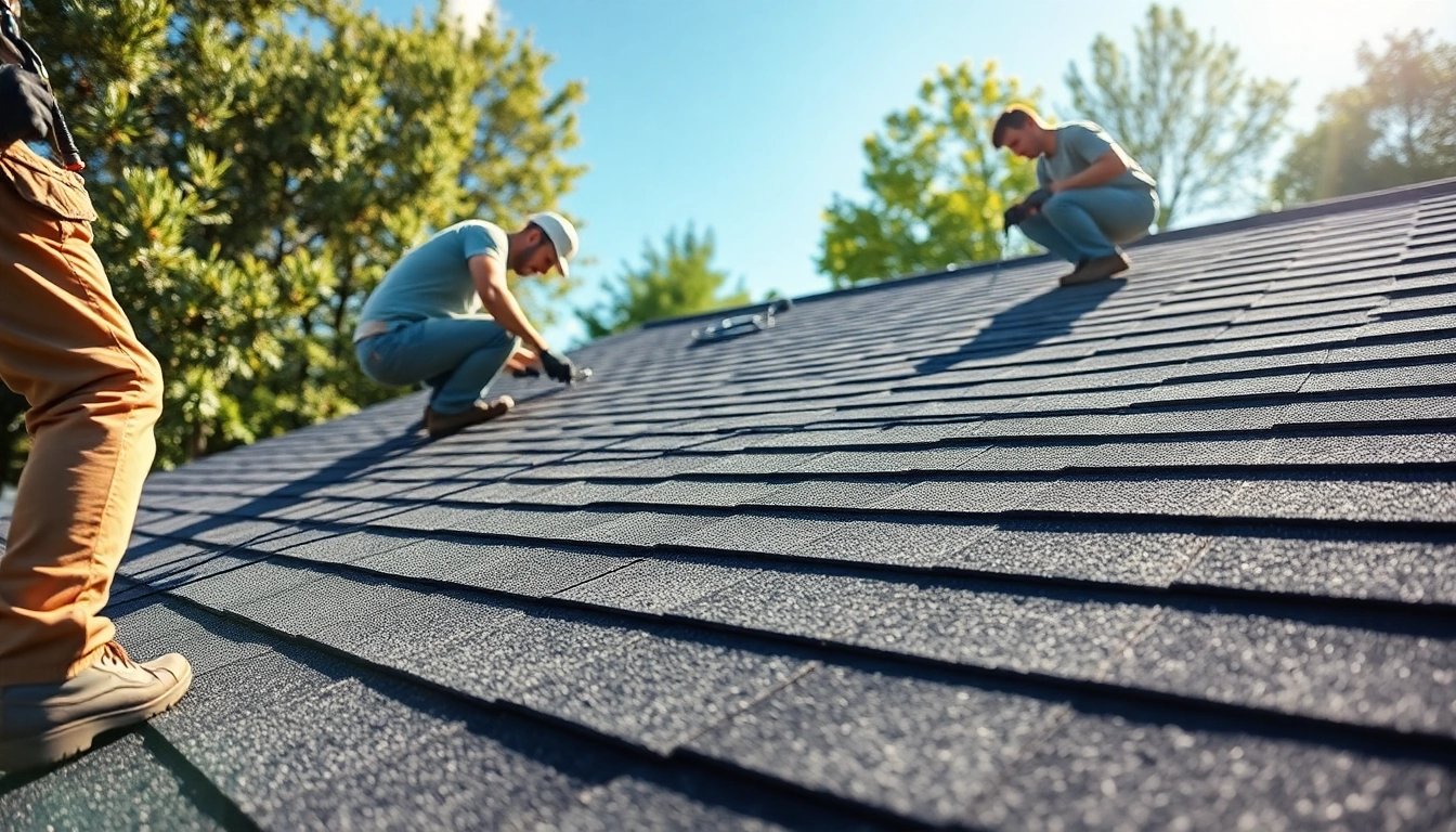 Experienced roofers repairing a tiled roof with safety gear, demonstrating expertise and attention to detail in roof maintenance.