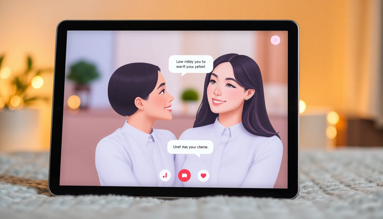 AI girlfriend sitting on a digital device screen, engaging in a warm, personalized chat with vibrant colors and friendly design for accessible companionship.
