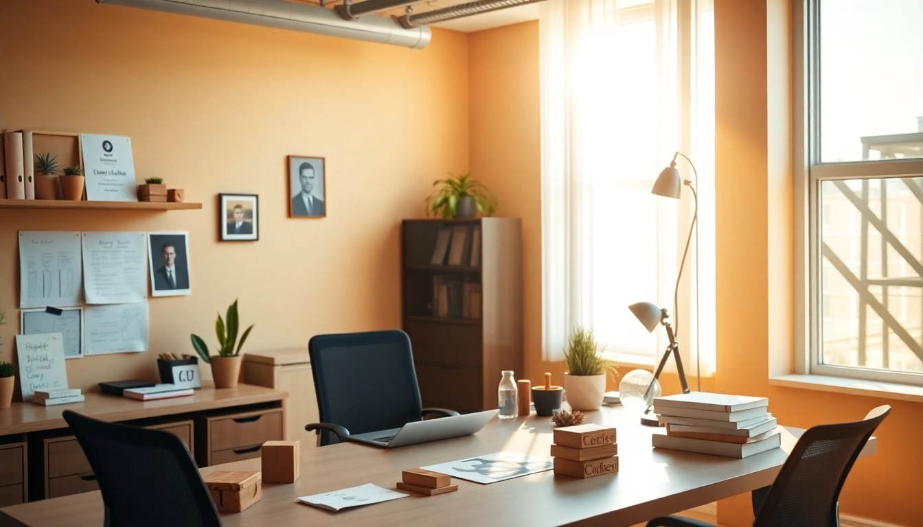 Order pieczątki online with customizable designs showcased on a desk in a bright office setting.