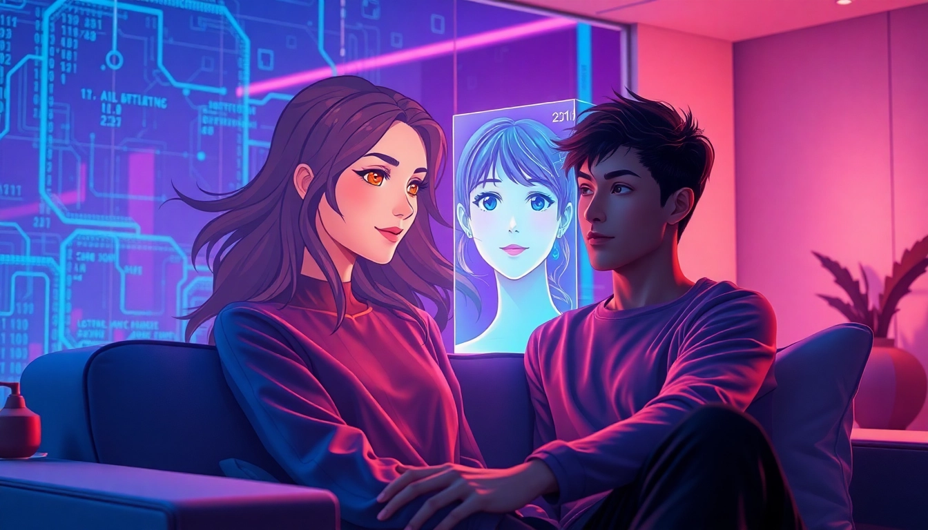 An anime-style AI girlfriend hologram projecting in a futuristic room with vibrant neon lighting, creating an intimate and emotional scene.