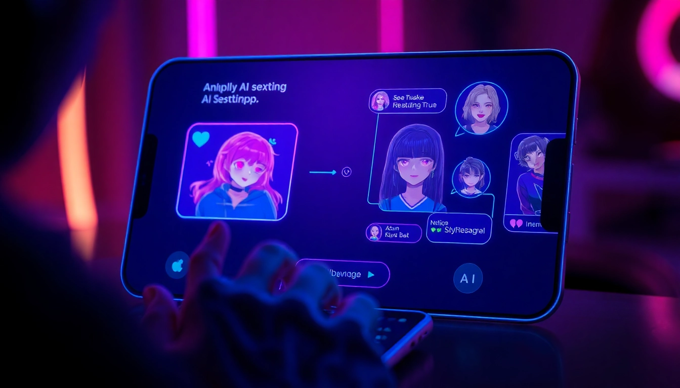 Futuristic AI sexting app interface with customizable characters and neon lighting