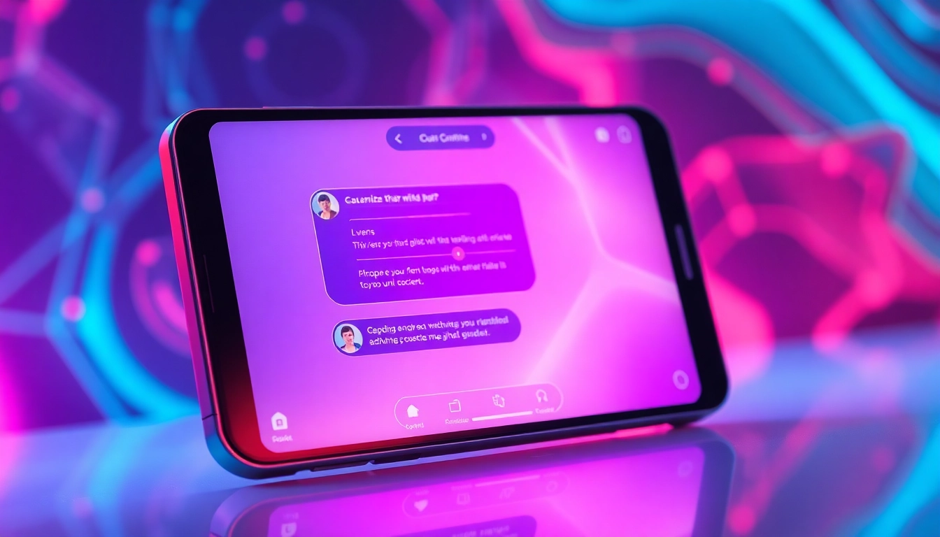 Futuristic digital chat interface with neon accents and abstract cyber background.