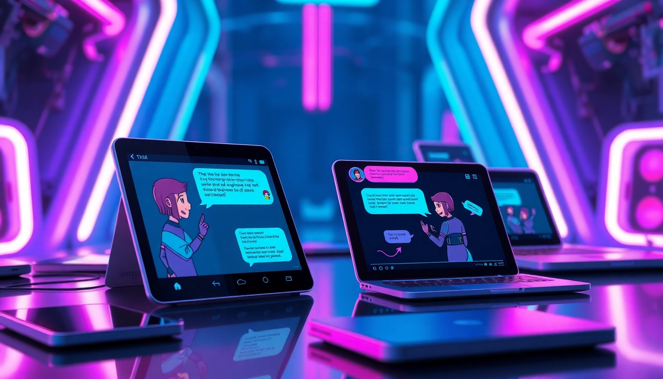 Futuristic digital interface with AI characters engaged in conversation on glowing screens