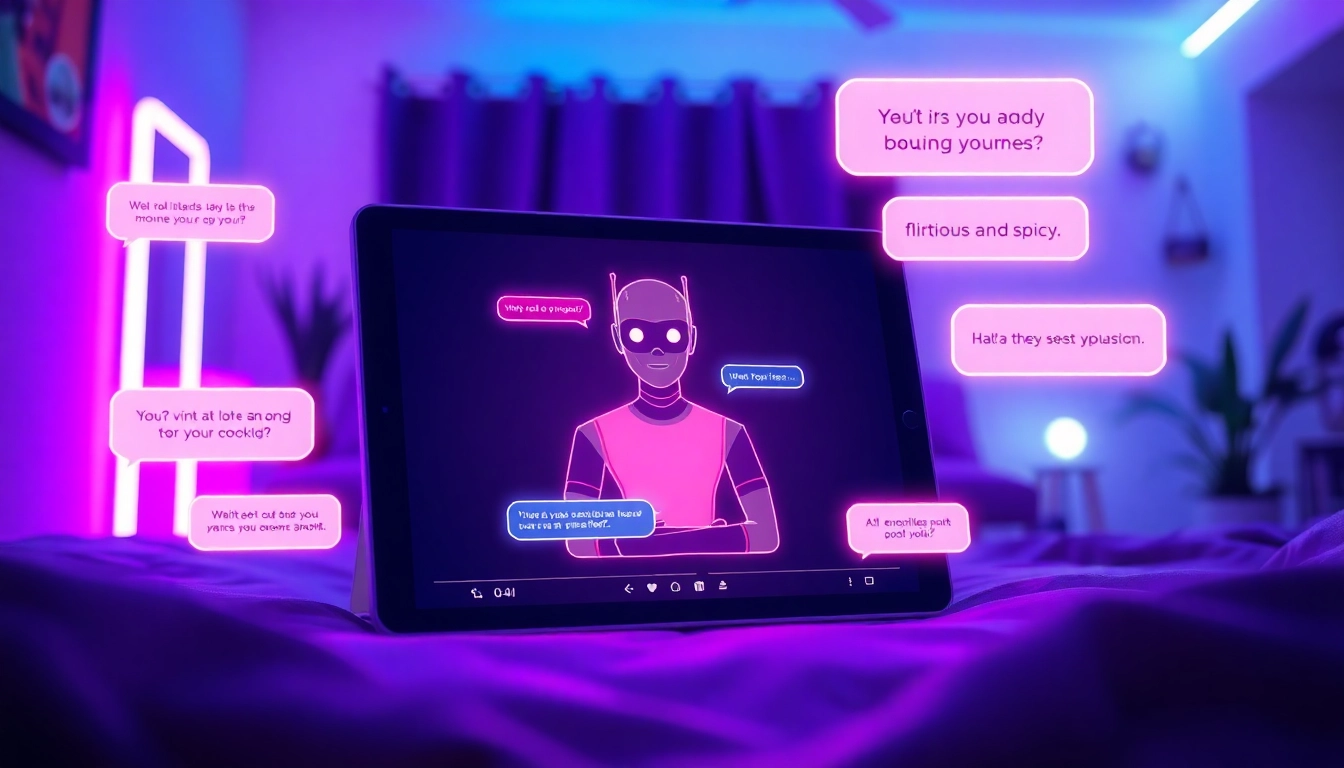 An illustration of a futuristic chatbot interface on a tablet with glowing conversation bubbles in a cozy, neon-lit room.