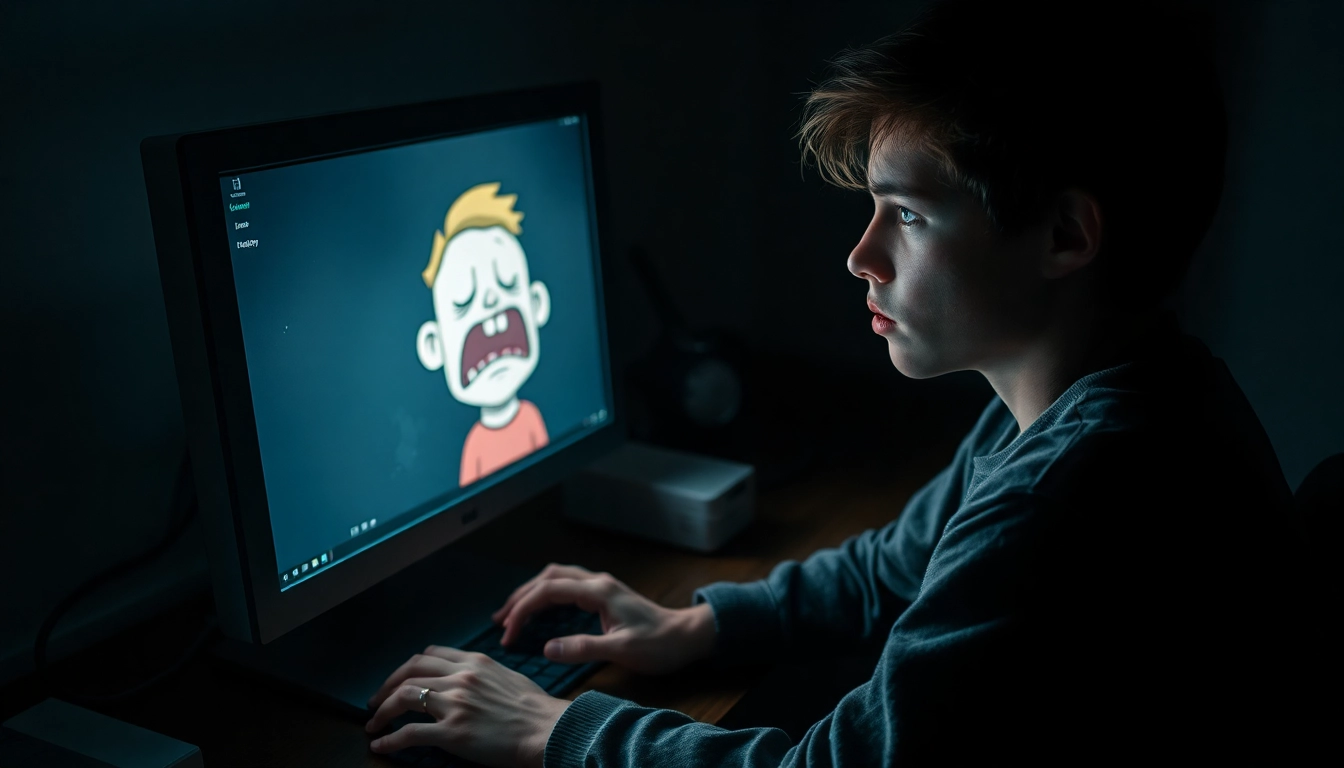 An anxious person playing a dark, disturbing video game on their computer, with a suffering cartoon character on the screen and a tense, shadowy room.