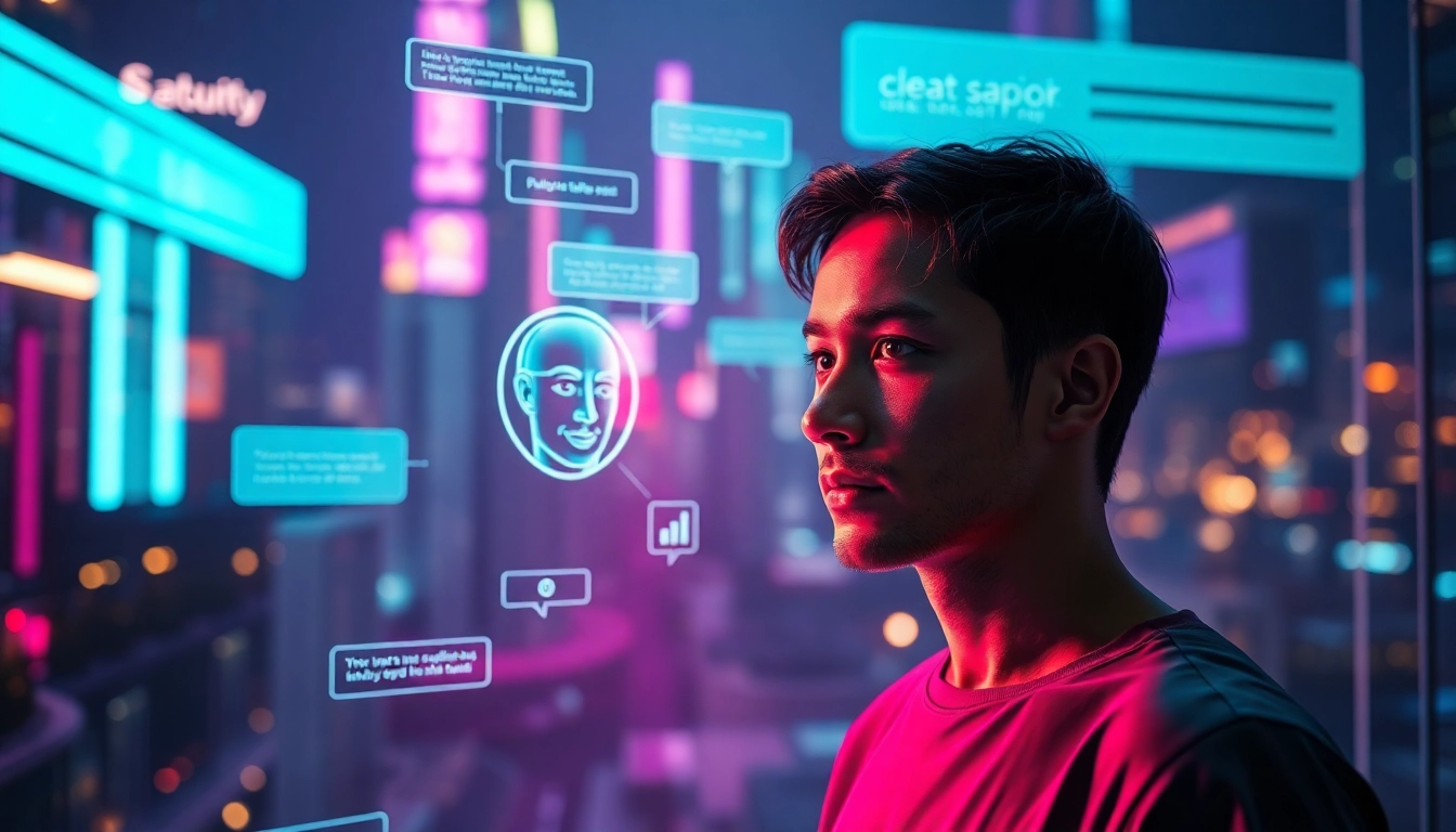 Futuristic AI chatbot interface with holographic character in a neon-lit cyber city at night.