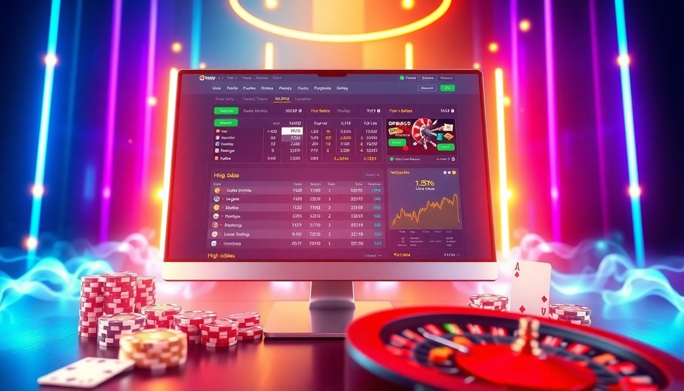 Illustration of a modern online sportsbook and casino platform with vibrant neon lights and betting elements.