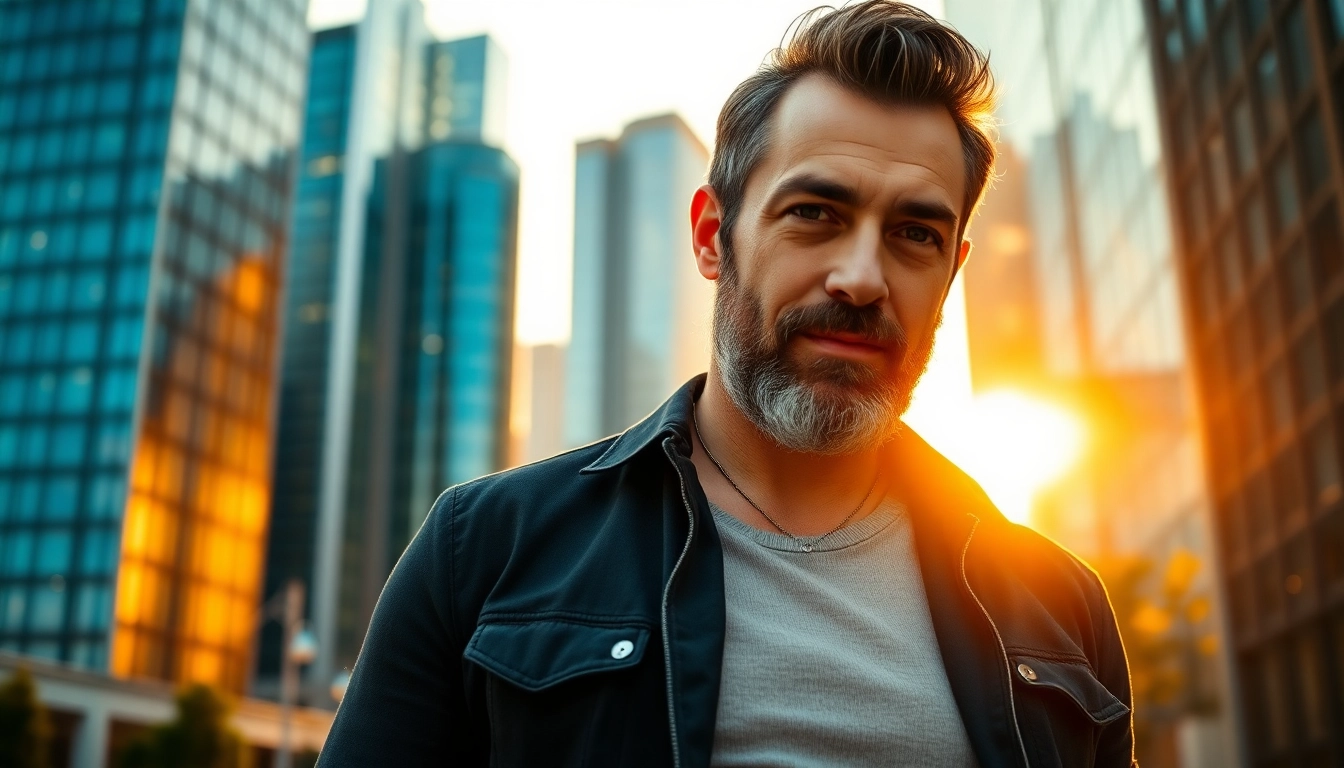 A stylish man in his 40s standing confidently in an urban setting during golden hour.