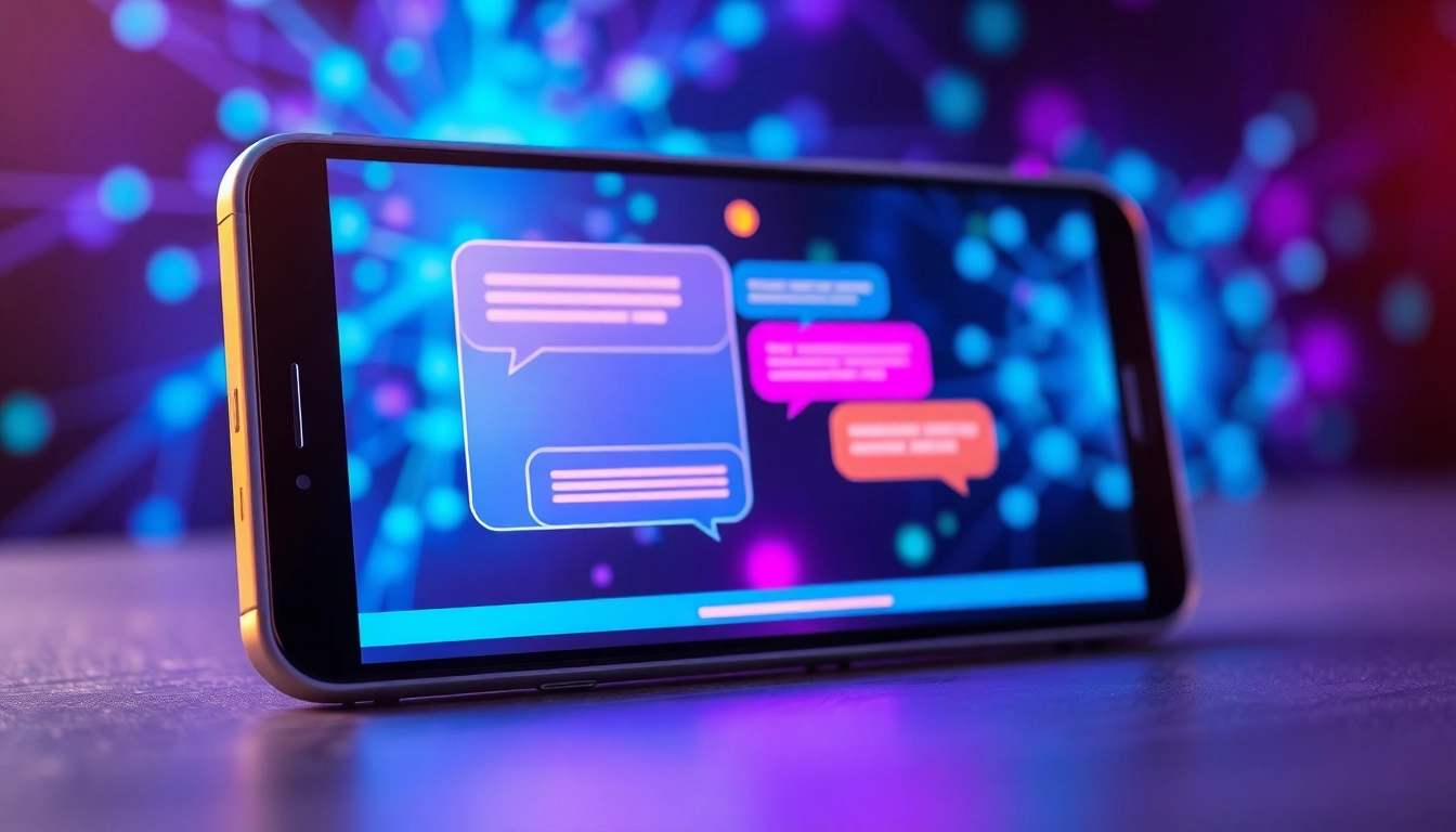 Futuristic AI chat interface on a modern device with colorful speech bubbles and digital circuitry background.