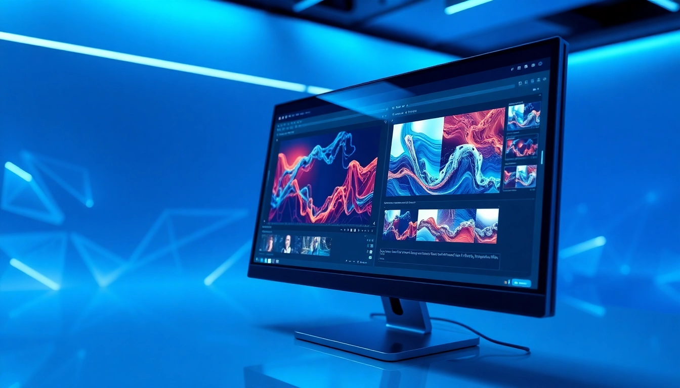 A modern digital workspace with a computer screen showcasing advanced AI image editing tools with vibrant visuals and sleek design.