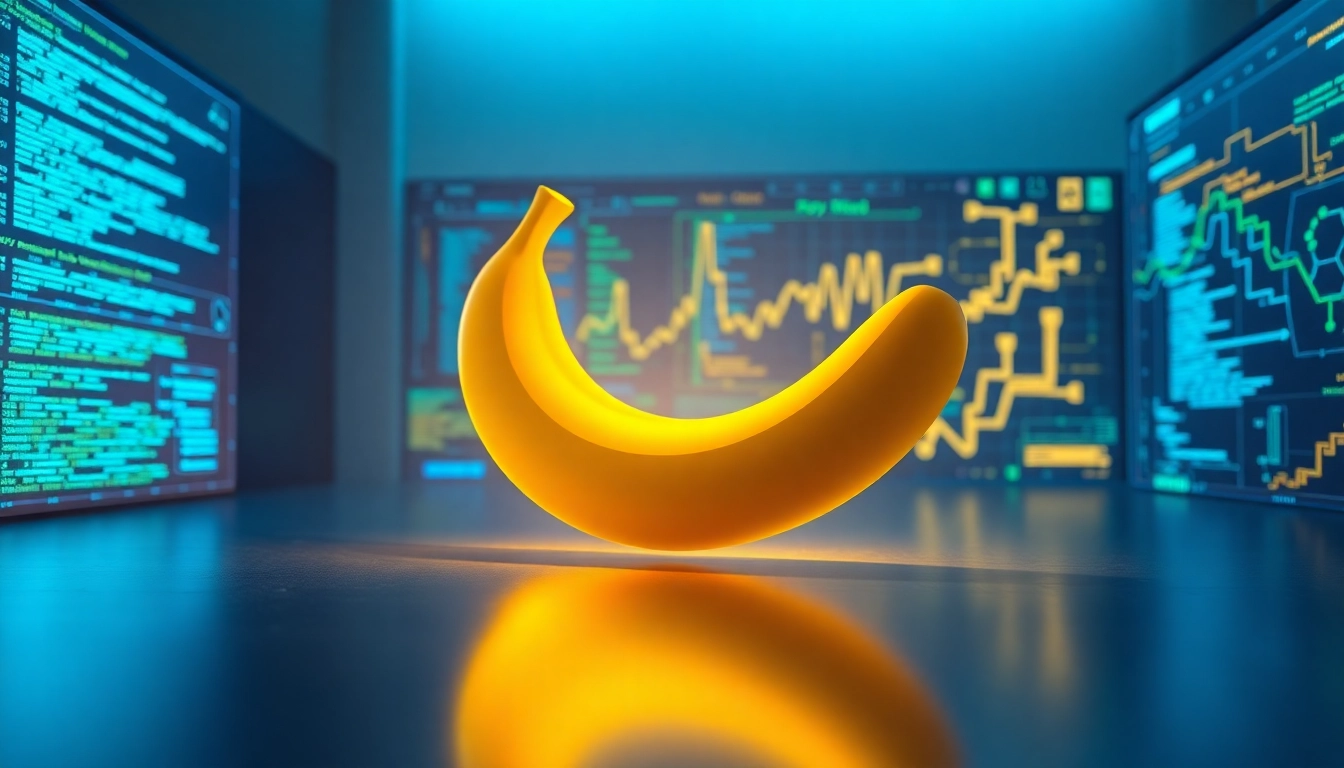 Futuristic AI interface featuring a glowing banana-shaped icon in a high-tech digital workspace with holographic data streams and code.
