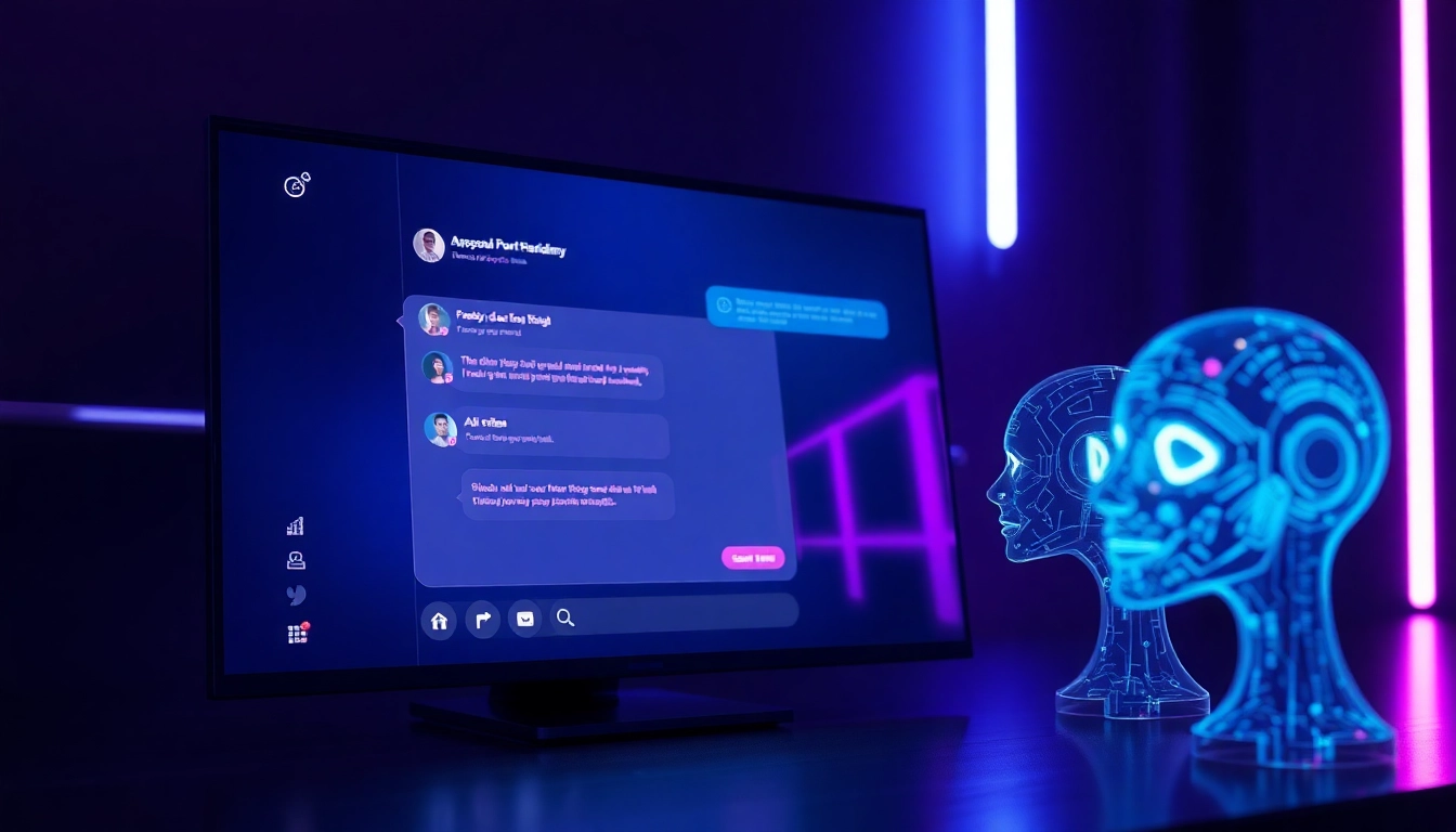 Futuristic digital chat interface with holographic AI avatars in a cyberpunk-inspired setting.