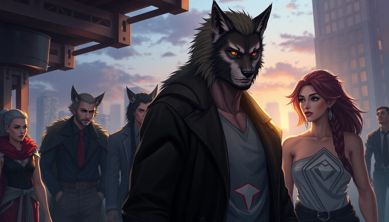 An illustration of a society inspired by the Omegaverse with humans featuring wolf-like traits, highlighting themes of hierarchy and intimacy in a modern setting.
