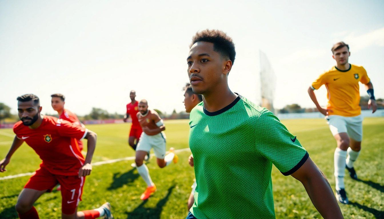 High-quality soccer uniforms worn by active players in a dynamic game setting, showcasing vibrant colors, patterns, and team branding for optimal performance on the field.