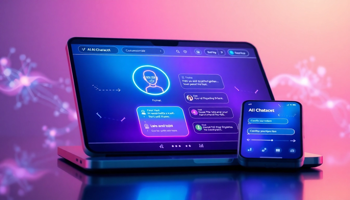 A digital illustration of a futuristic chatbot interface on a device screen showcasing AI character customization and conversation features.