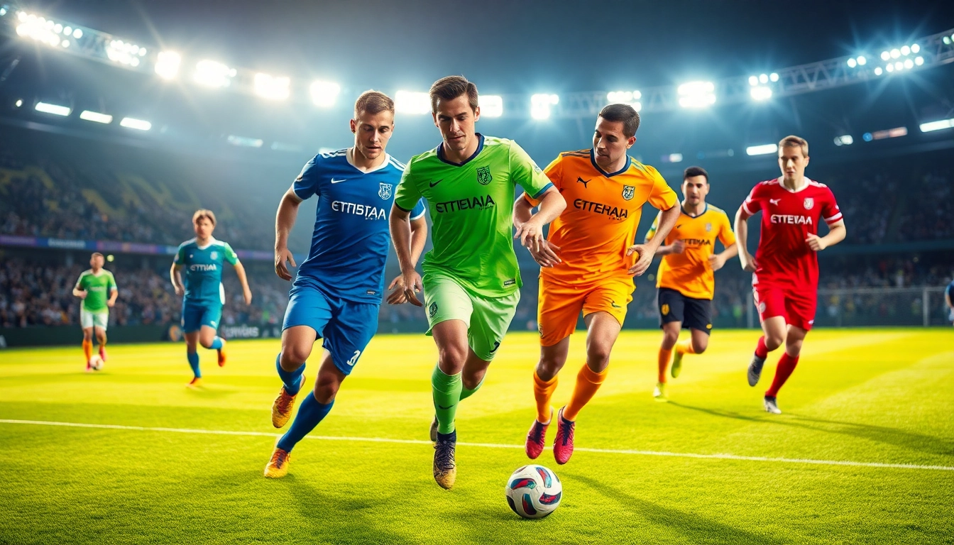 Vivid soccer uniforms showcasing custom branding and sleek design worn by players during match action, highlighting performance quality and vibrant colors for sports apparel branding.
