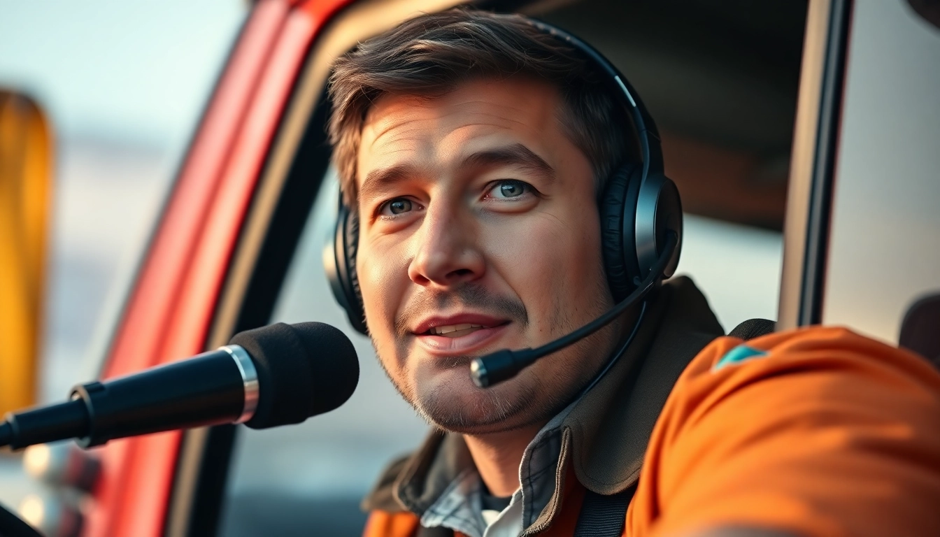 Truckers voice concept showing a professional driver communicating via radio to highlight
