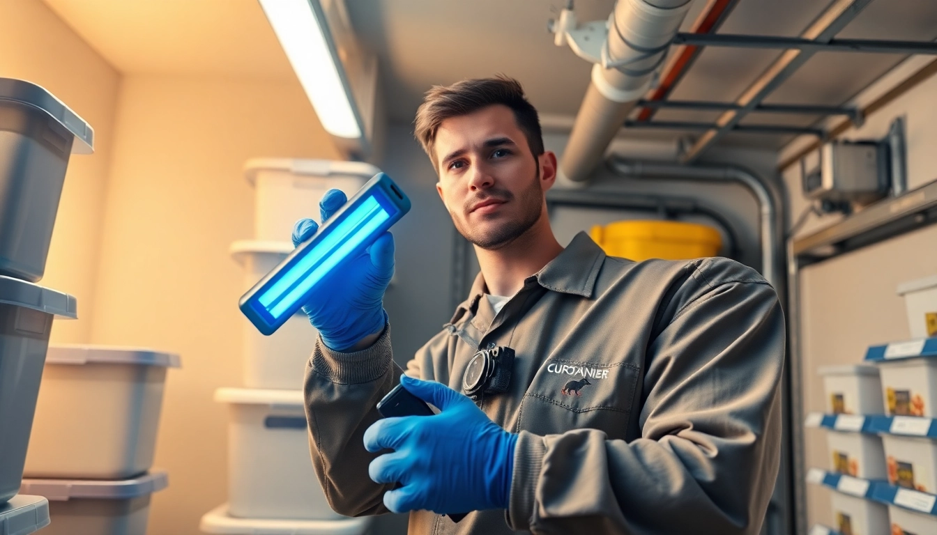 Pest control technician inspecting a storage room with high-tech equipment for mice detection