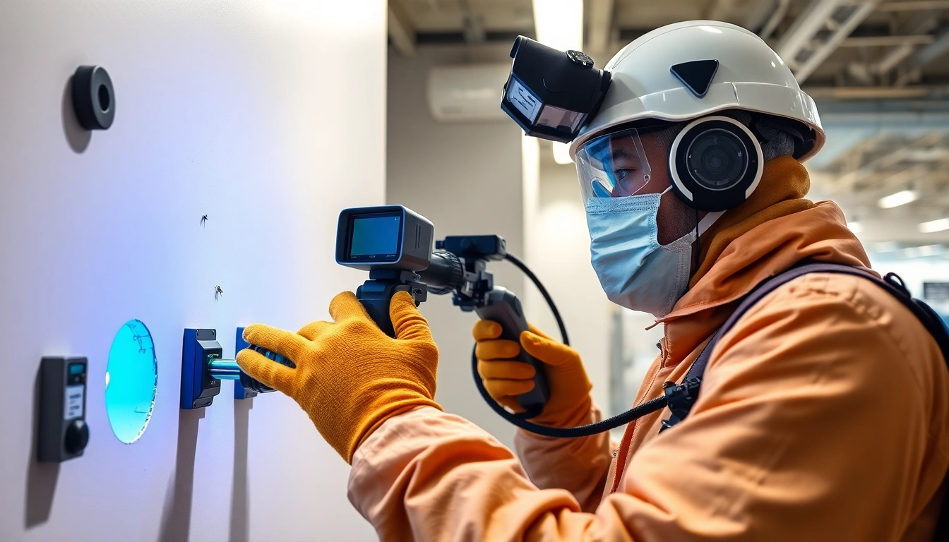 Professionele pestbestrijdingstechnicus inspecteert muizenactiviteit met high-tech apparatuur in een modern gebouw.