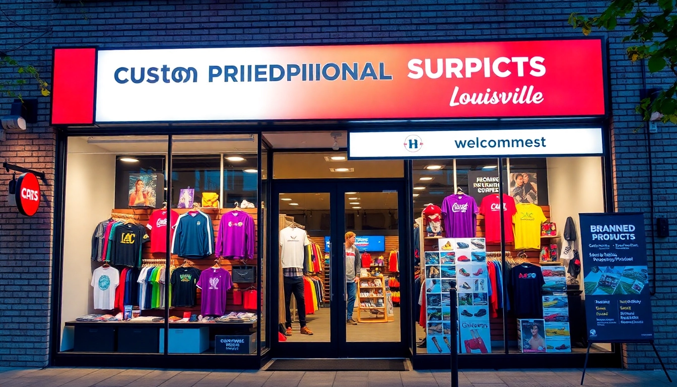 Showcase of custom promotional products in Louisville with colorful apparel and signage to