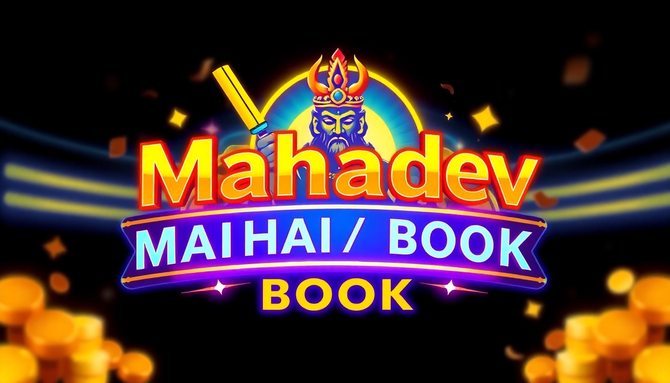 Mahadev Book logo in vibrant colors with betting, cricket, and casino symbols illustrating