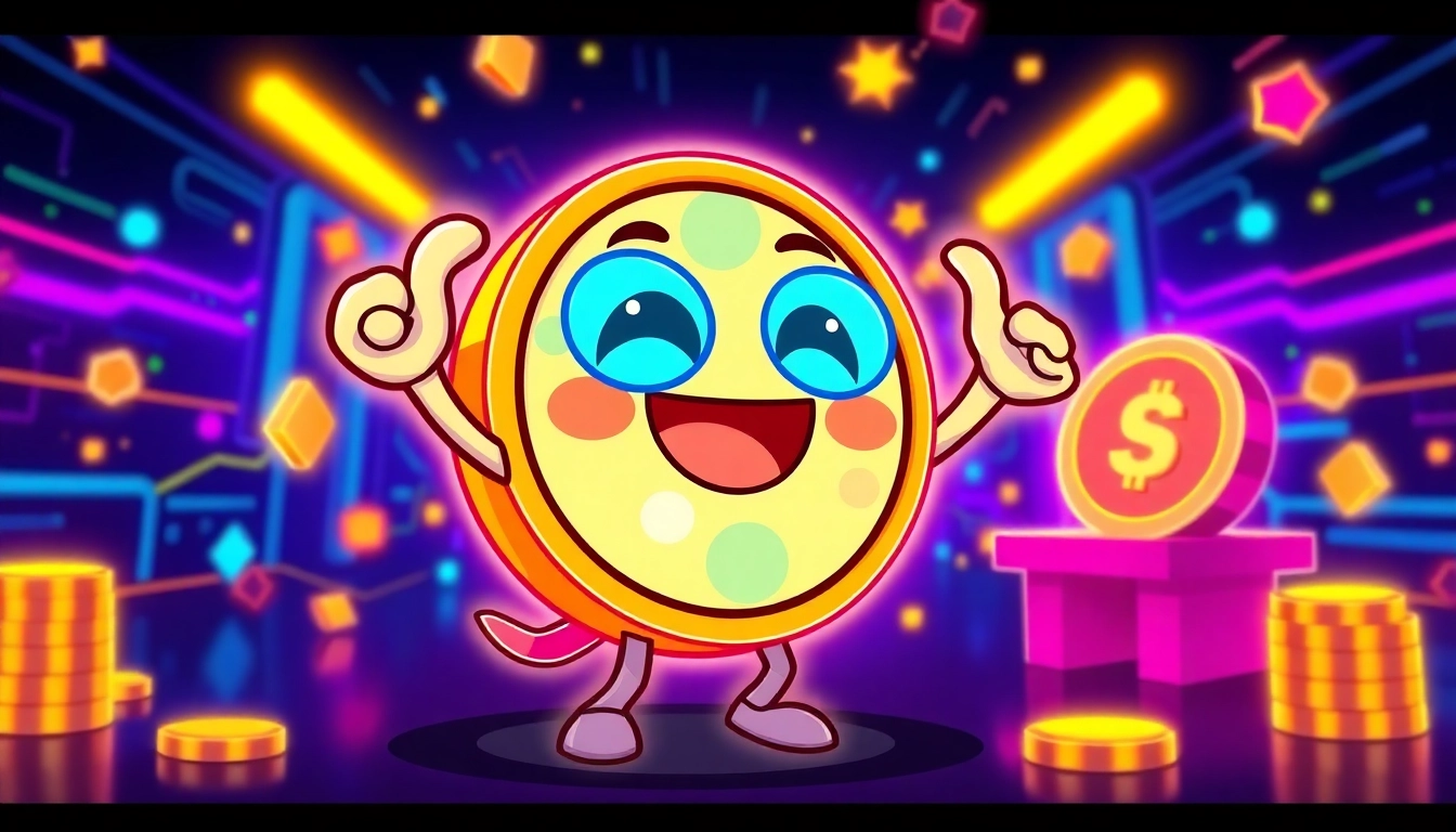 A lively Crypto Meme Coin illustration showing a humorous meme-inspired token with blockchain