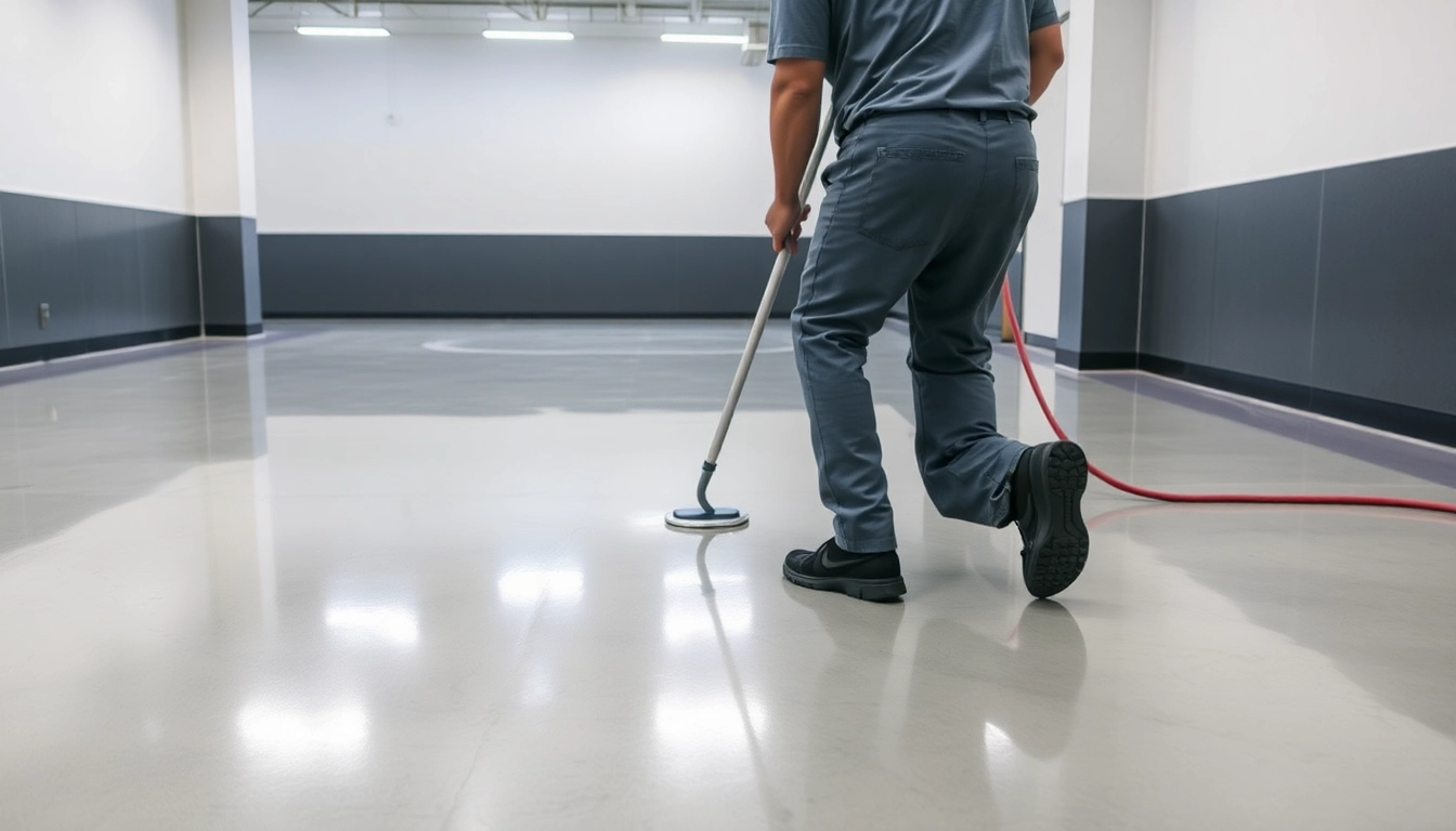 Experienced epoxy resin flooring contractors Birmingham applying durable epoxy coating in a