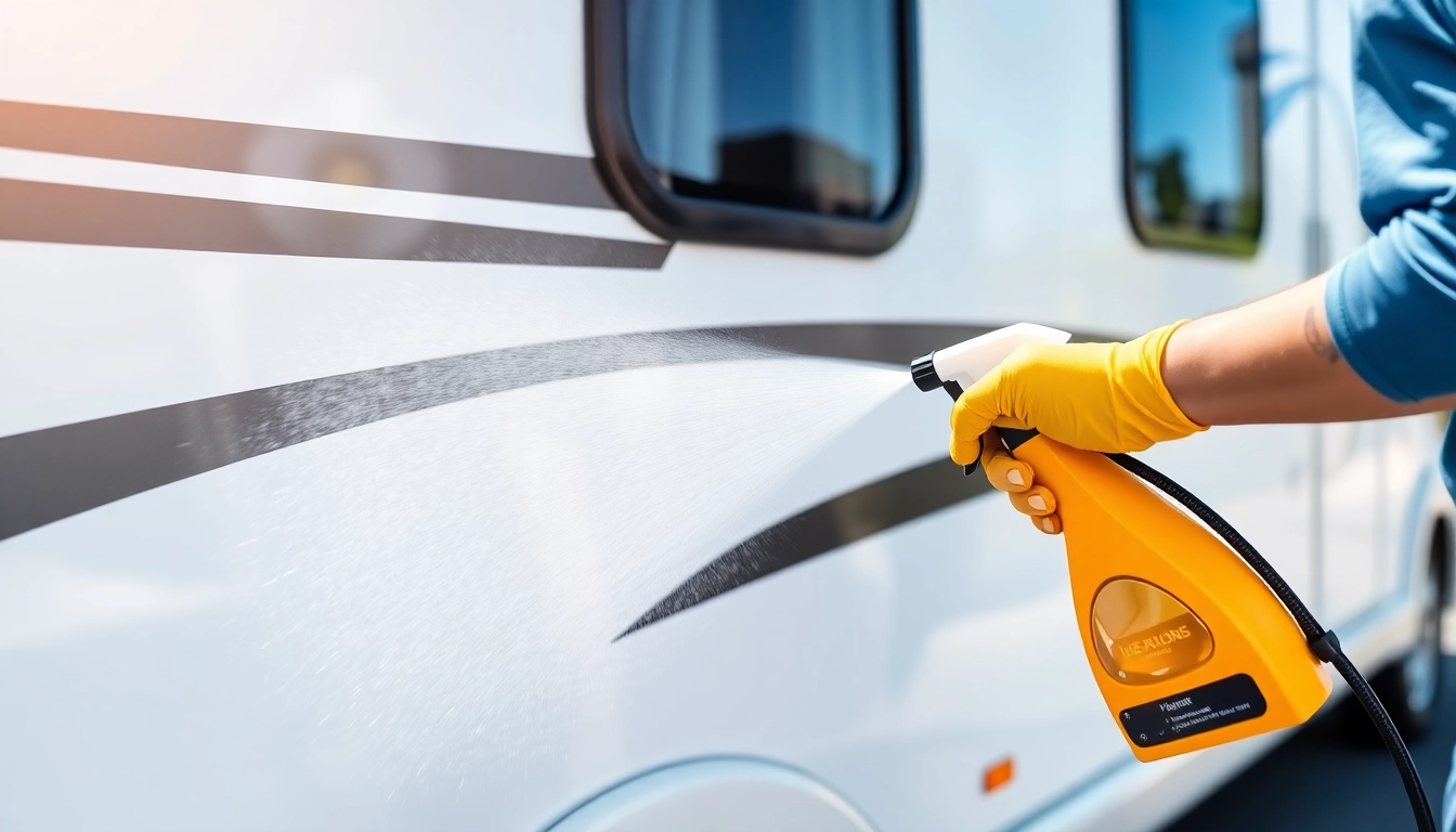 Effective Wohnmobilreiniger in action leaving a spotless and gleaming motorhome exterior