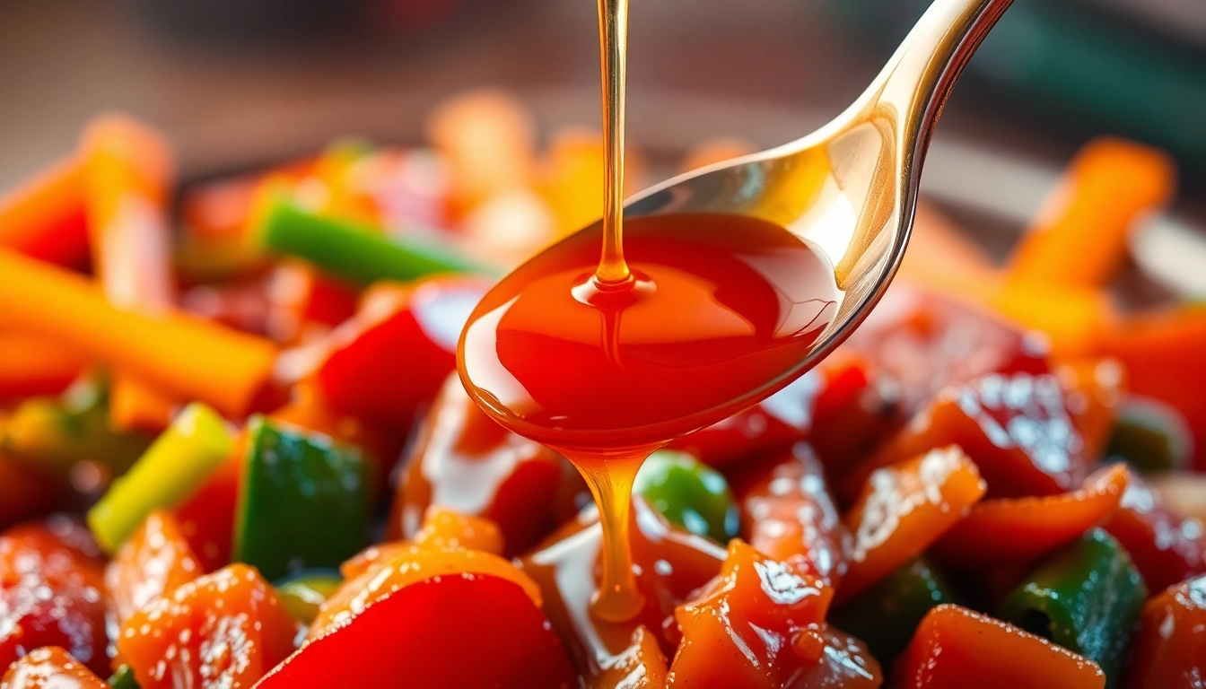 Sweet & Sour Sauce served on a colorful stir-fry dish with fresh vegetables, highlighting its